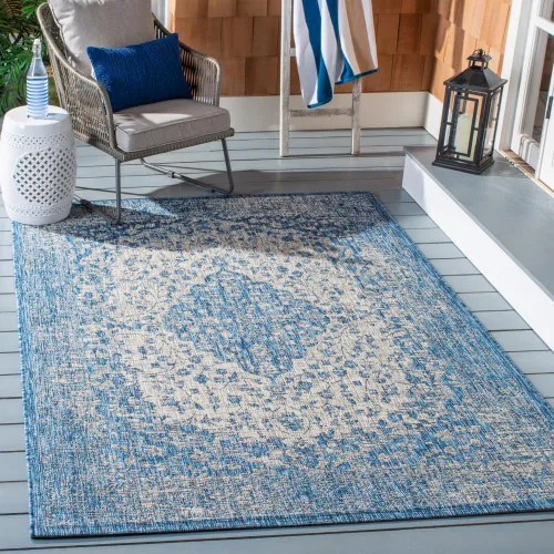 Miniatura 7 de SAFAVIEH Alfombra lavable para exteriores, colección Courtyard de 2.3 x 6.7 pies, color verde azulado y crema, no desprende pelusa y es fácil