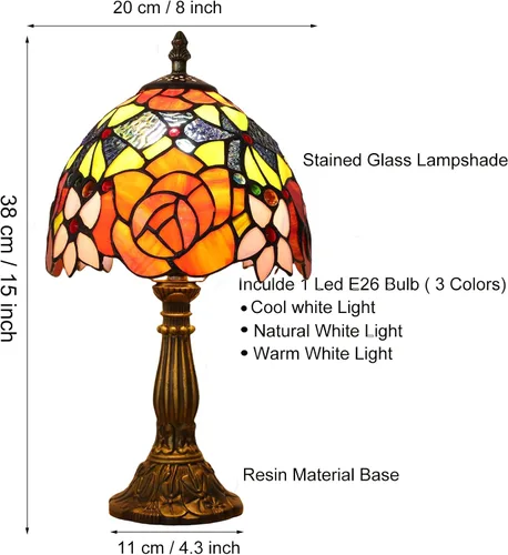 Miniatura 6 de Lámpara de Mesa Estilo Tiffany 3 Temperaturas de Color Lámparas de Vidrio Emplomado con Flores Rosas Lámpara de Mesa Pequeña Antigua para Mesita