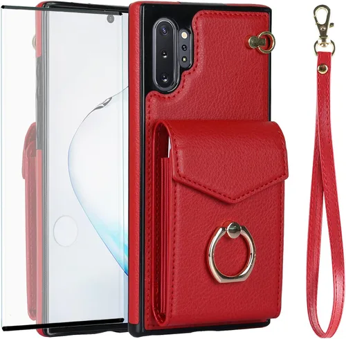 Asuwish Funda de teléfono para Samsung Galaxy Note 10 Plus Note10+ 5G Funda tipo cartera con protector de pantalla de vidrio templado y anillo de