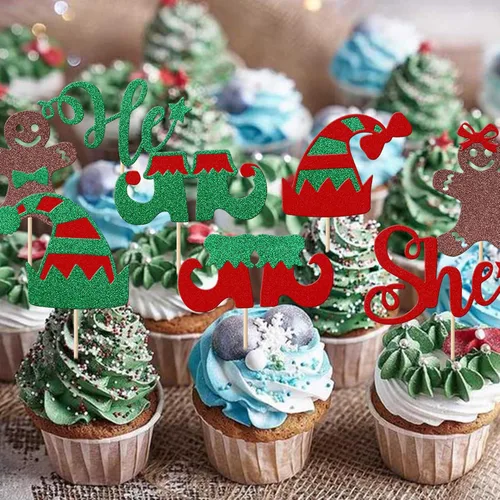 Miniatura 5 de Paquete de 24 Adornos para Cupcakes de Feliz Navidad, Adornos para Cupcakes para Revelación de Género, Adornos para Cupcakes de Árbol de Navidad, 5