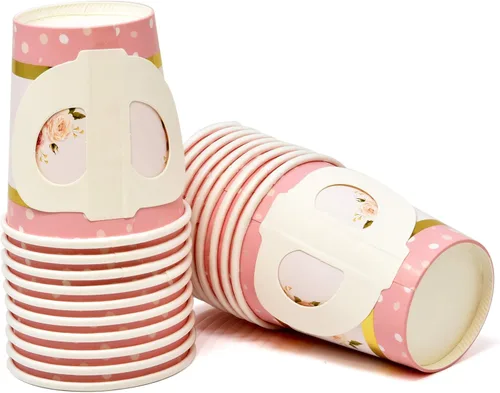Miniatura 5 de Gift Boutique Juego de 36 tazas de té de papel con asas y 36 platillos en forma floral desechables para niños y adultos, cumpleaños, baby shower
