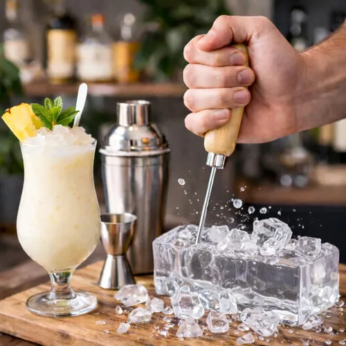 Miniatura 4 de HIC Kitchen Palillo de hielo con cubierta de seguridad, acero sólido con mango de madera, para hielo de bloque de astillado para cócteles