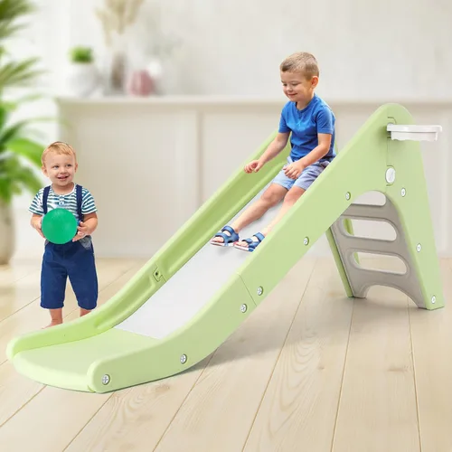 Miniatura 8 de MAMIZO Juego de tobogán 3 en 1 para niños pequeños, juego de escalador de tobogán extra largo con aro de baloncesto y pelota, escalones Blanco y gris