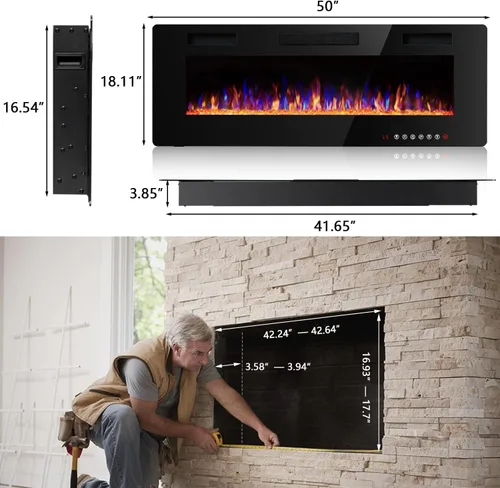 Miniatura 8 de Vitesse Chimenea eléctrica ultrafina de 50 pulgadas, con bisel estrecho, calentador de chimenea lineal empotrado en la pared, control remoto