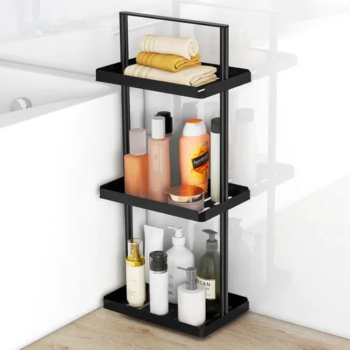 STWWO Organizador de encimera de baño de 3 niveles, organizador de tocador para estante de esquina de baño, organizador de ducha de metal con asa,