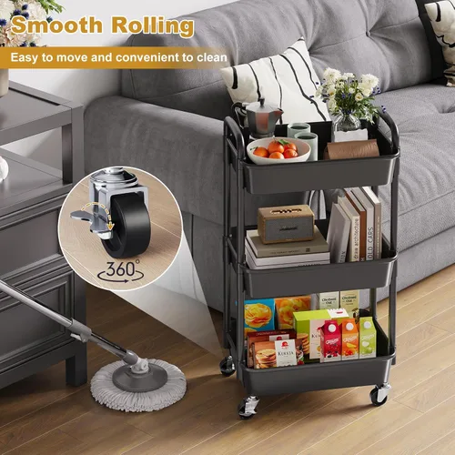 Miniatura 3 de Carrito rodante de 3 niveles con ruedas, carrito organizador de estantes de plástico negro de tres niveles con ruedas con cerradura, pequeño carrito