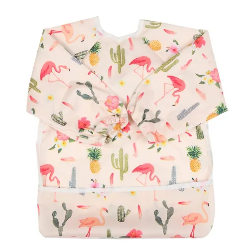 Babero de bebé manga camisa con bolsillo 1-3 años pintura para niñas (Flamingo Cactus)