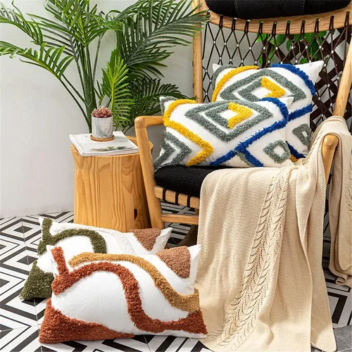 Funda de almohada lumbar tejida de algodón bohemio con diseño de rayas geométricas multicolor marroquí, funda de cojín decorativa para dormitorio,