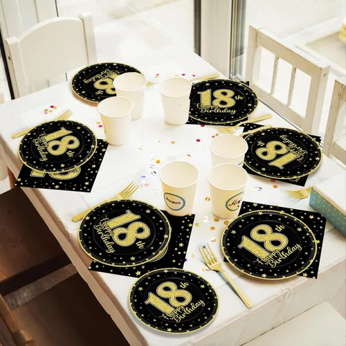 Miniatura 7 de 96 piezas de suministros para fiesta de cumpleaños de 18 años para 24 invitados, brindis por 18 años, vajilla, decoraciones de mesa, platos
