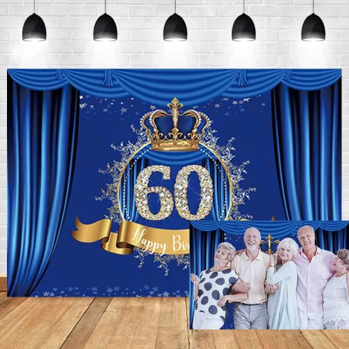 Miniatura 10 de Telón de fondo de feliz cumpleaños 50 años, cortina azul real de lujo, corona azul dorado, fondo fotográfico, celebración de cumpleaños de niño