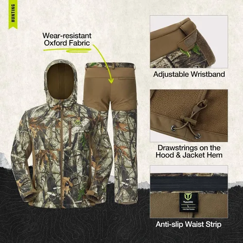 Miniatura 5 de TIDEWE Ropa de caza para hombres con forro polar, correa de seguridad, resistente al agua, chaqueta y pantalones silenciosos de caza