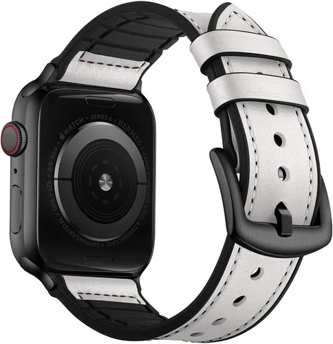 Miniatura 10 de OUHENG Correas de cuero compatibles con Apple Watch de 42mm 41mm 40mm 38mm, correa híbrida de cuero genuino y goma para iWatch Series 11 10 9 8 7 6