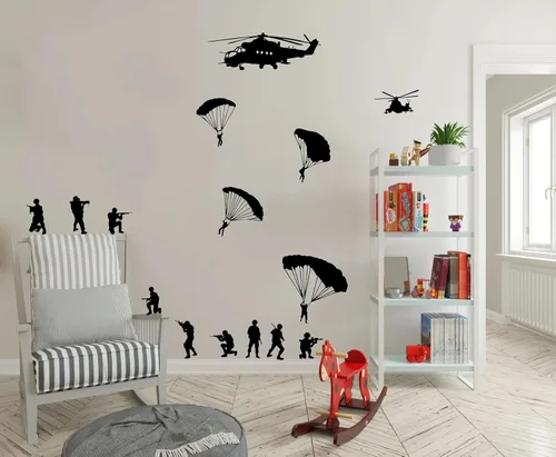 Miniatura 4 de Helicóptero y ejército hombres cubeta de soldados paracaidistas calcomanía de pared para decoración de habitación de niños, guardería, calcomanía