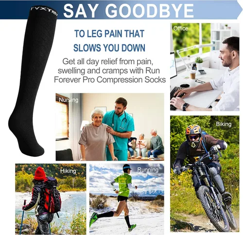 Miniatura 5 de 3 pares de calcetines de compresión graduados de 20 a 30 mmHg medias altas hasta la rodilla negras para hombres y mujeres, viajes en avión, correr