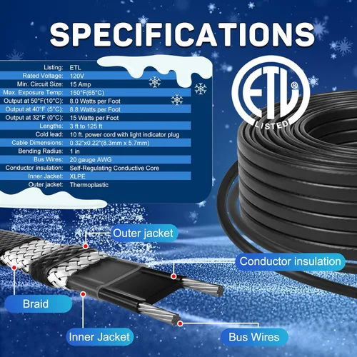 Miniatura 5 de HEATIT Cable calefactor de techo y canaletas de 3 pies con enchufe iluminado de 10 pies