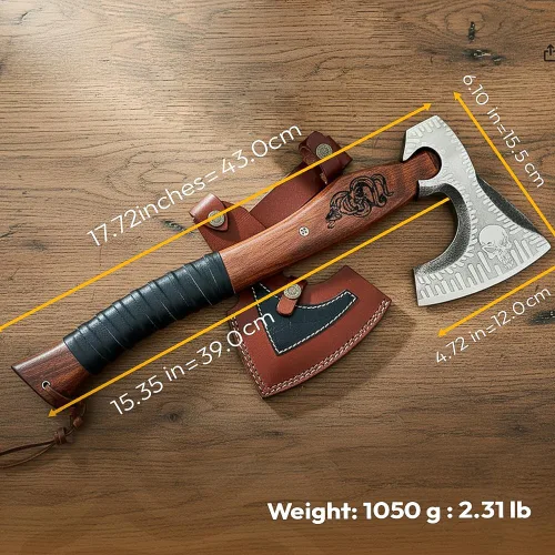 Miniatura 2 de Dessi Hacha Viking Hacha de acero al carbono grabado hoja hacha Tomahawk mango de madera de nogal dragón grabado envuelto agarre funda de cuero