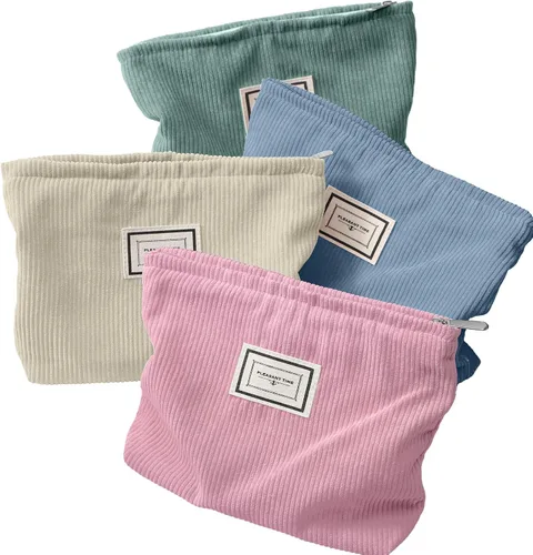 Miniatura 16 de Sanwuta Paquete de 4 bolsas de terciopelo para maquillaje, bolsa de cosméticos para mujer, bolsa de pana de gran capacidad, con cremallera, de lona