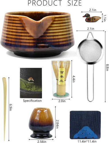 Miniatura 2 de Artcome Juego de té Matcha – Kit japonés Matcha con batidor de bambú, cuenco de boquilla para vertido, cuchara, tamiz, soporte y manual – brillos