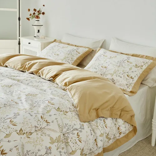 Miniatura 2 de YuHeGuoJi Juego de funda de edredón botánica beige, tamaño Queen, 100% algodón, 3 piezas, 1 funda de edredón con volantes dorados y amarillos