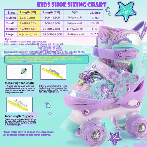 Miniatura 5 de Patines de Sirena para Niñas, MoSoulais 4 Tamaños Ajustables con Ruedas Iluminadas para Niños Pequeños, Patines para Mujeres Principiantes Púrpura