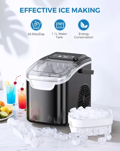 Miniatura 3 de COWSAR Máquina de hielo de encimera, máquina de hielo portátil autolimpiante, 26.5 libras/24 horas, 8 cubos de hielo tipo bala en 6 minutos