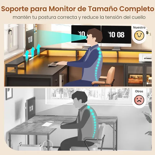 Miniatura 6 de SEDETA Escritorio para juegos en forma de L con 4 cajones, escritorio para computadora de 109 pulgadas con vitrina, escritorios de oficina en casa