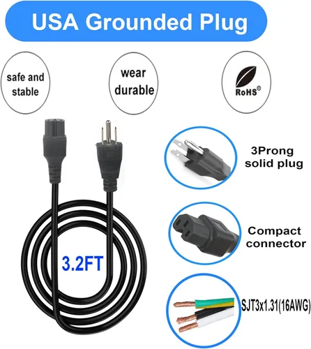 Miniatura 2 de Cable de alimentación percolador de 3 clavijas para Hamilton Beach Modelo 40616, piezas de repuesto para cafeteras Farberware, monitores de 3 pies