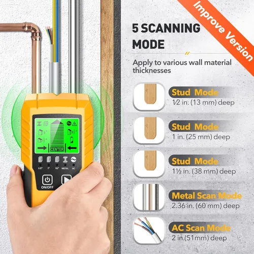 Miniatura 4 de Detector de pernos Sensor de pared Escáner de pared - Detector de pernos 5 en 1 con sensor electrónico, escáner de pared con pantalla LCD
