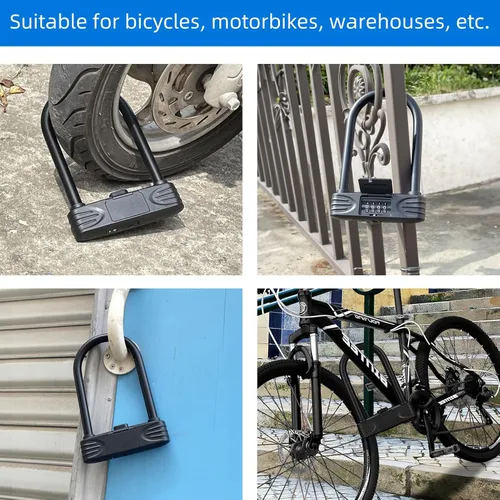 Miniatura 3 de Cerradura en U para bicicleta resistente, cerradura de bicicleta con contraseña de combinación de 4 dígitos con grillete de bloqueo en U
