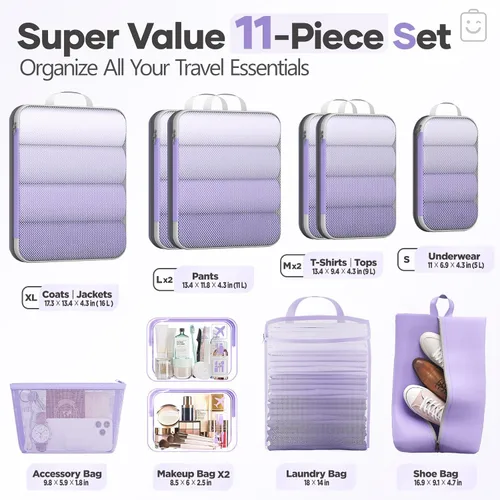 Miniatura 2 de Veken Juego de 11 cubos de compresión para artículos esenciales de viaje, bolsas organizadoras compresibles expandibles grandes para maletas