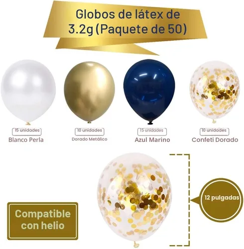 Miniatura 3 de Globos de confeti azul marino y dorados, 50 unidades de 12 pulgadas, globos de cumpleaños de perla blanca y dorados metálicos cromados