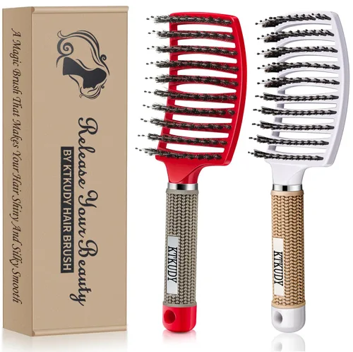 Cepillo para desenredar con cerdas de jabalí KTKUDY Juego de cepillo de pelo cepillo desenredante curvo y ventilado para mujeres, hombres, niños,