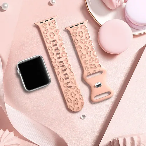 Miniatura 6 de CreateGreat Bandas Grabadas Compatibles con Apple Watch de 40mm 41mm 38mm 42mm 44mm 45mm 46mm 49mm, Correa de Silicona Suave con Patrón de Leopardo