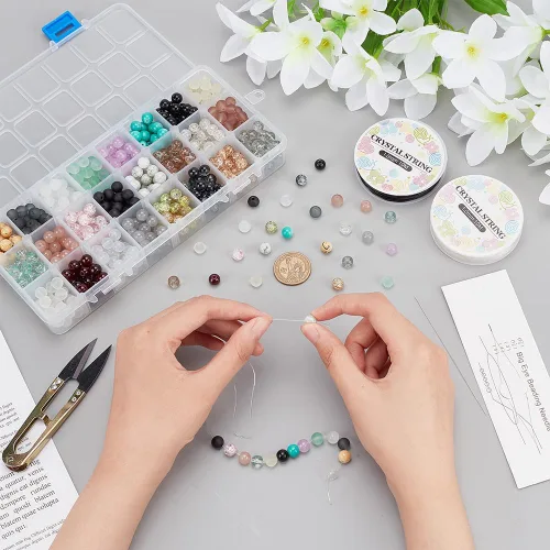 Miniatura 2 de PH PandaHall 670 cuentas de vidrio de 0.315 pulgadas para la fabricación de joyas, cuentas redondas de cristal de 24 estilos, cuentas de mármol Tono