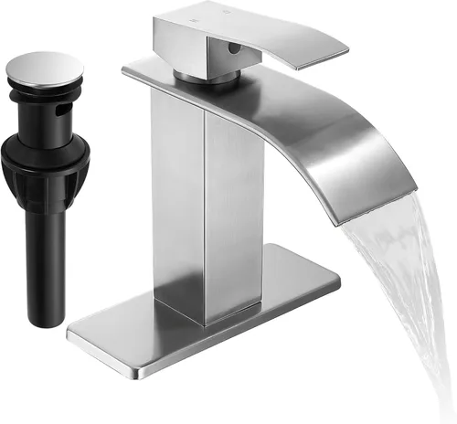 Fransiton Grifo de baño de cascada de níquel cepillado, grifo de lavabo de una sola manija de 1 o 3 agujeros, grifo de lavabo con cubierta y drenaje