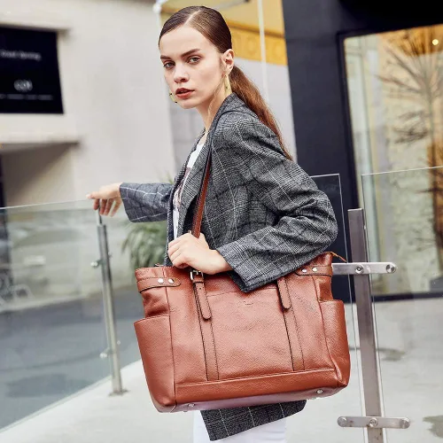 Miniatura 8 de Bolsas para ordenador portátil para mujer de cuero genuino maletín grande bolso de hombro para señoras bolsos de trabajo 156 pulgadas cartera