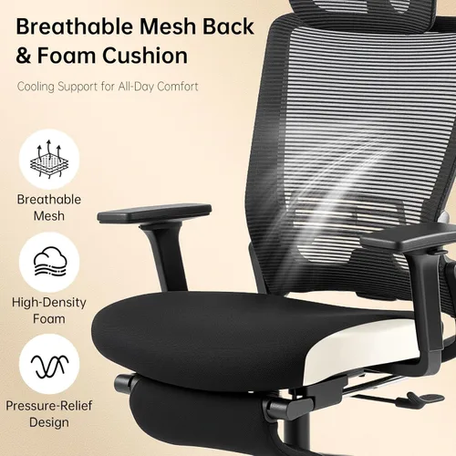 Miniatura 7 de Silla de oficina plegable con reposapiés, silla de oficina ergonómica con soporte lumbar ajustable, reposacabezas, reposabrazos, sillas de Negro