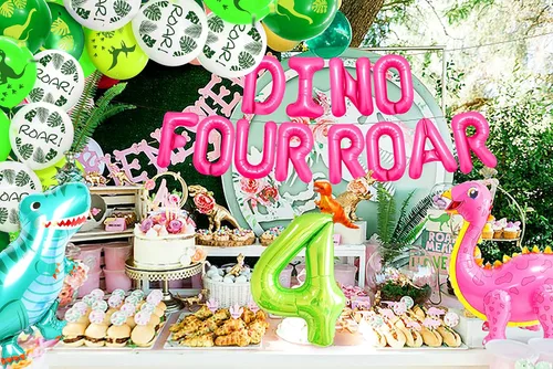Miniatura 6 de LaVenty Globos de rugido de dinosaurio Rex para decoración de cumpleaños de 4 años, diseño de dinosaurio para niña
