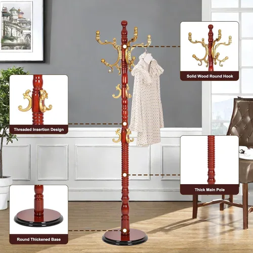Miniatura 5 de Perchero de madera maciza – Perchero independiente de 73 pulgadas con 14 ganchos y base estable, altura ajustable, moderno árbol de madera