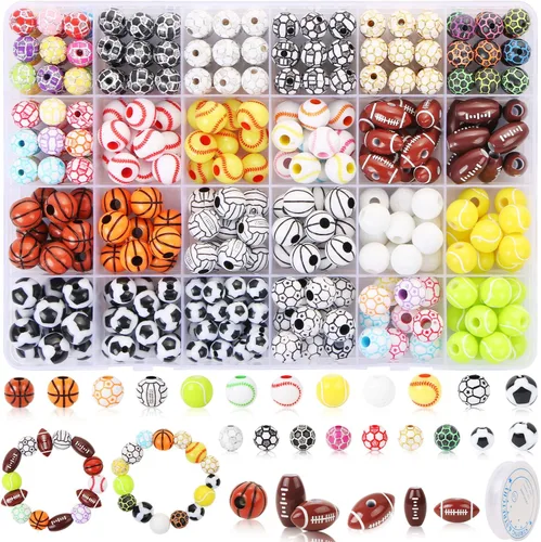 EVERMARKET 400 cuentas de bolas deportivas para hacer joyas, cuentas deportivas acrílicas a granel, béisbol, baloncesto, fútbol, voleibol, sóftbol,