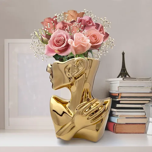 Miniatura 4 de GDYOOSHOW Jarrones faciales para flores, maceta de busto, jarrón de cerámica para exhibir joyas, color dorado, 9.84 pulgadas de alto, adecuado