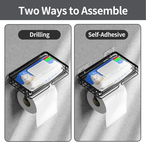 Miniatura 2 de Soporte de papel higiénico con estante de almacenamiento, metal negro, montaje sin taladros, se adapta a toallitas húmedas de tamaño Costco