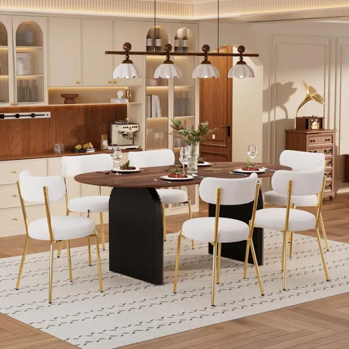 Miniatura 18 de Juego de mesa de comedor ovalada moderna de 70 pulgadas con 6 sillas de tela Boucle, mesa de MDF y base resistente a rayas, muebles de cocina