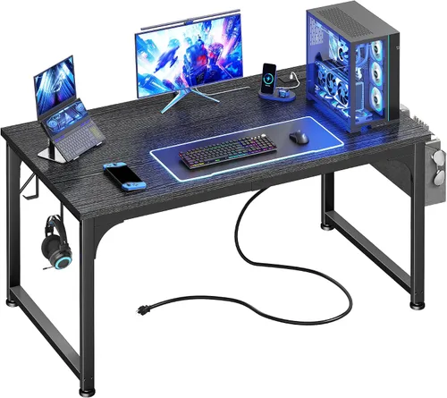 DurayLoly Escritorio para juegos con tomas de corriente y luz LED, escritorio para computadora con soporte para monitor y escritorio de 0.95