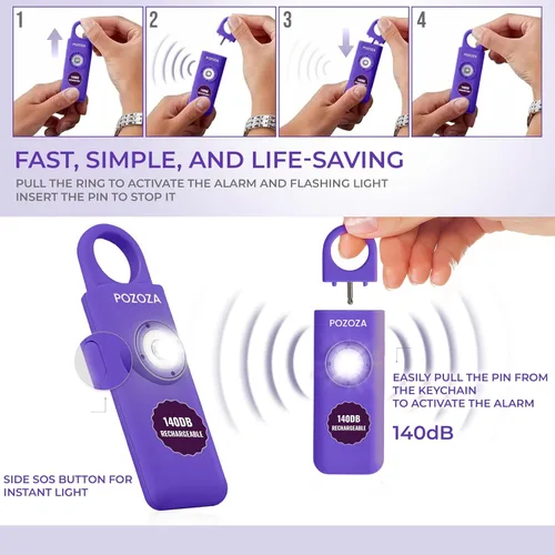 Miniatura 4 de Alarma Personal Recargable USB-C de 140dB Más Ruidosa en Llavero para Mujeres – Indicador de Batería Baja, Luz Estroboscópica y Botón de Pánico