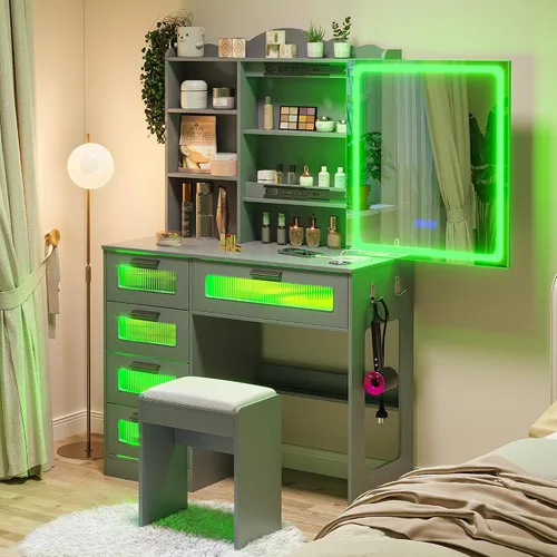 Miniatura 9 de HNEBC Escritorio de tocador con espejo deslizante y luces LED, tocador RGB con estación de carga, tocador de maquillaje con control remoto, tocador