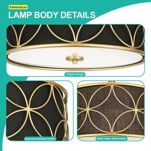 Miniatura 6 de Edwarmlux Lámpara de techo semiempotrada de 3 luces, luz de tambor de 16 pulgadas con pantalla de tela, moderna lámpara de techo para sala de estar