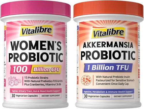 Vitalibre Probióticos para mujeres 100 mil millones de UFC, 15 cepas, 30 cápsulas y probiótico Akkermansia Muciniphila 1 mil millones de TFU, 30