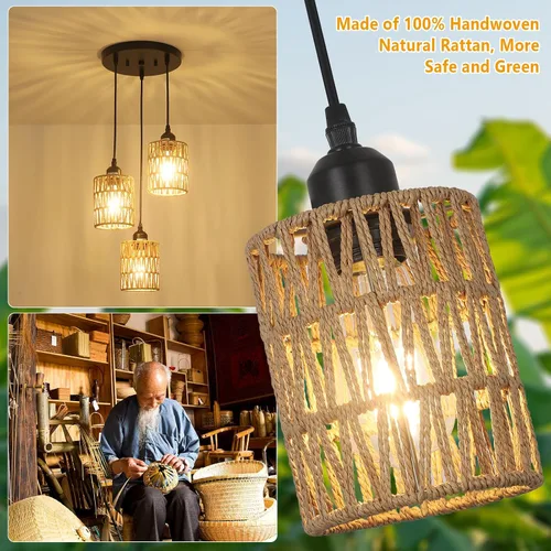 Miniatura 4 de LAMSU Lámpara colgante de 3 luces de ratán, accesorios de iluminación de techo estilo granja para comedor, lámpara colgante estilo boho