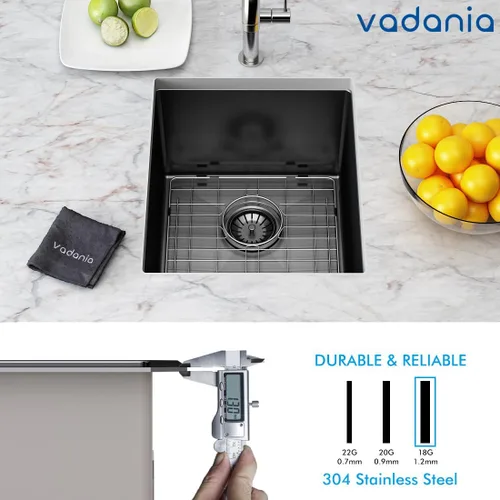 Miniatura 3 de VADANIA Fregadero de barra de cocina de 16 pulgadas, acabado chapado en negro, 16"x18"x10", tazón individual, bajo encimera, acero inoxidable T304